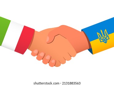 Handshake between Italy and Ukraine as a symbol of financial or political relations and assistance. Vector illustration EPS 10