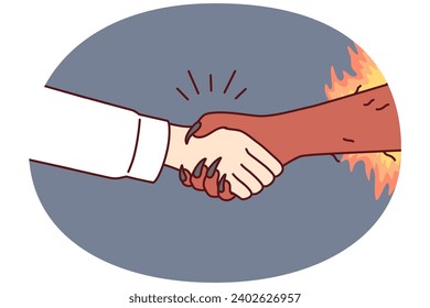 Handshake between man and devil symbolizes risky deal or dangerous business arrangement. Hand of human and demon is metaphor for bad contract or unethical way of managing company. Flat vector image