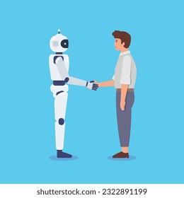 Handshake between man and robot. Human and AI Artificial Intelligence working together. Vector illustration