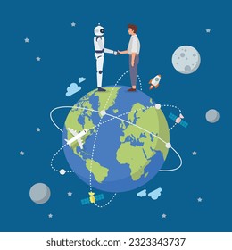 Handshake between man and robot over the earth. Human and AI Artificial Intelligence working together. future cooperation artificial intelligence global partnership. Vector illustration