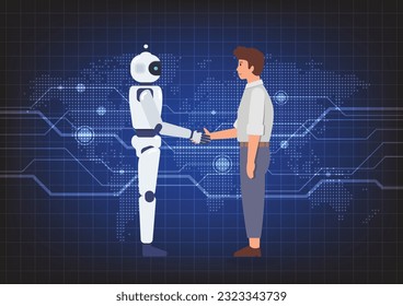 Handshake between man and robot over the abstract technology background. Business technology concept