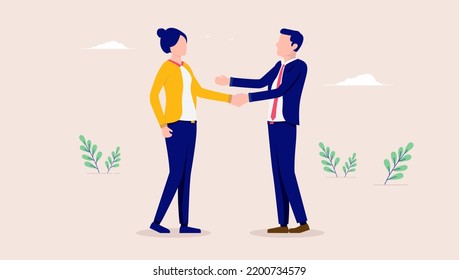 Apretón de manos entre hombres y mujeres - Dos personajes de empleados de diferente género que dan la mano en el trabajo. Ilustración vectorial de diseño plano