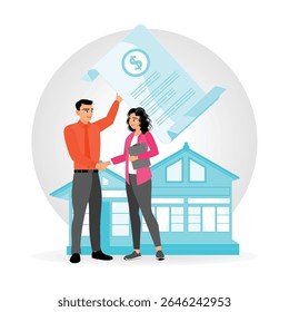 Handshake between mortgage lender and client. Symbolizes successful lending agreement with legal documents and house in the background. Real estate broker concept.