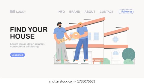 Handshake between realtor and new owner of real estate. Real estate purchase and sale agreement, man sell cottage. Vector illustration for landing page, banner, ads.