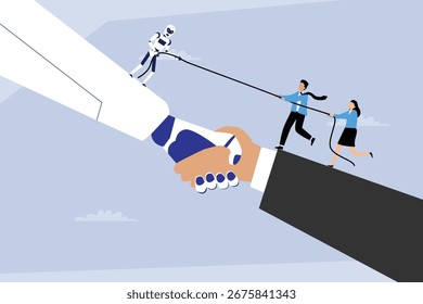 Apretón de manos entre el robot y la mano humana tirando de una cuerda con los hombres de negocios en ella Ilustración vectorial plana 2d