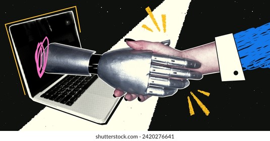 Handshake between robot and human in retro collage style. Hands with halftone effect making a deal, hand coming out of laptop, artificial intelligence. Vector modern illustration.