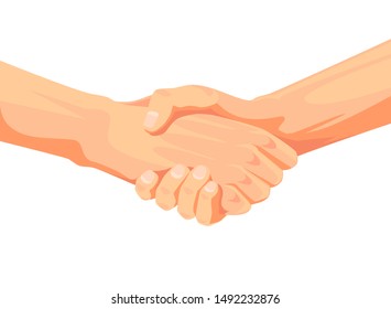 Handshake between two adults. Two hands up above the wrist, without sleeves. White background. Vector illustration.