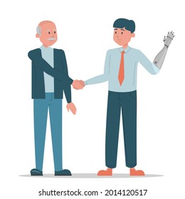 Handshake Between Two Business Persons Vector Isolated. Man With Prosthetic Arm And Old Man Standing Together. Successful Disabled Employee. Handicapped Guy Works At Office.