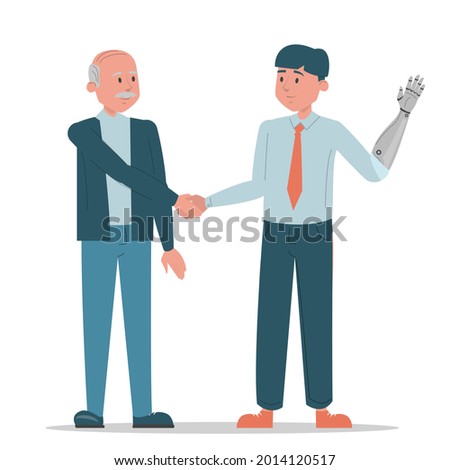 Handshake between two business persons vector isolated. Man with prosthetic arm and old man standing together. Successful disabled employee. Handicapped guy works at office.