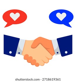 A handshake between two individuals, symbolizing agreement and partnership, with red and blue speech bubbles containing hearts above.