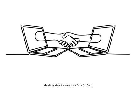Handshake between two laptops in a business partnership agreement