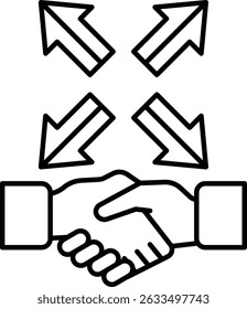 A handshake between two people with arrows pointing to the right. The arrows are pointing to the right, which could symbolize a positive outcome or agreement