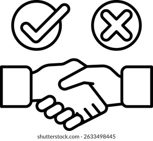 Ein Handschlag zwischen zwei Personen mit einem Häkchen auf der linken und einem X auf der rechten Hand