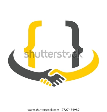 Handshake between two people with curly braces symbol partnership and coding concept icon