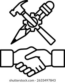 A handshake between two people with a hammer and a pencil in the background. Concept of collaboration and partnership