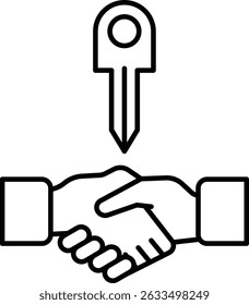 Um aperto de mão entre duas pessoas com uma chave no meio. A chave é um símbolo de acordo e confiança