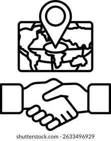 A handshake between two people with a map in the background. The handshake symbolizes a partnership or agreement between the two individuals