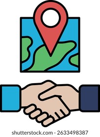 Um aperto de mão entre duas pessoas com um mapa no fundo. O mapa é vermelho e verde e tem um pino vermelho sobre ele. Conceito de colaboração e parceria entre duas pessoas