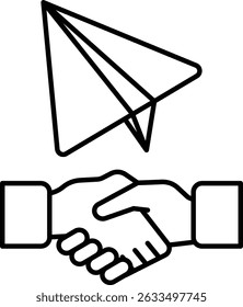 Um aperto de mão entre duas pessoas com um avião de papel ao fundo. Conceito de colaboração e parceria