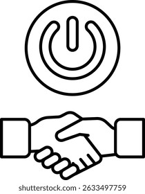 Ein Handschlag zwischen zwei Personen mit einem Betriebsschalter in der Mitte. Der Betriebsschalter ist ein Symbol für Vereinbarung und Zusammenarbeit