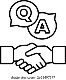 Um aperto de mão entre duas pessoas com um sinal de Q e A no fundo. Conceito de comunicação e colaboração entre duas partes