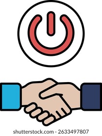 A handshake between two people with a red button in the middle. The button is labeled "Start"