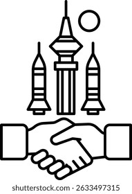 A handshake between two people with a rocket in the background. The rocket is in the middle of the image and is surrounded by three other rockets