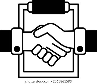 A handshake between two people is shown on a white background. Concept of trust and cooperation between the two individuals