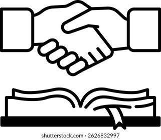 A handshake between two people is shown with a book in the background