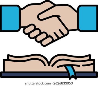 Um aperto de mão entre duas pessoas é mostrado com um livro no fundo. Conceito de confiança e cooperação entre indivíduos