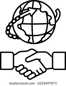 A handshake between two people is shown with a globe in the background. The globe is surrounded by a chain, which is pointing to the top of the globe. Concept of global cooperation and unity