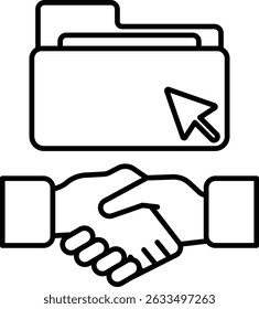 Um handshake entre duas pessoas é mostrado com uma pasta de arquivos em segundo plano. Conceito de uma reunião profissional ou de negócios, em que os dois indivíduos estão apertando as mãos para selar o negócio ou acordo
