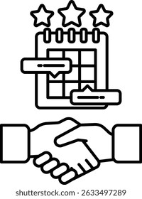 A handshake between two people is shown with a calendar in the background. The calendar has stars on it, which could represent achievements or milestones