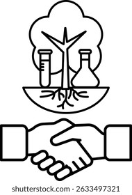 A handshake between two people is shown with a tree and a lab in the background. Concept of collaboration and growth, as the handshake represents a partnership or agreement between the two individuals