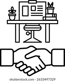 A handshake between two people is shown in a black and white drawing. Concept of trust and cooperation between the two individuals
