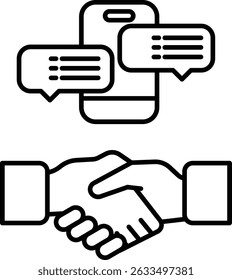 Um aperto de mão entre duas pessoas é mostrado ao lado de um telefone celular. Conceito de comunicação e colaboração entre indivíduos