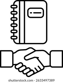 A handshake between two people is shown with a book in the background. The book is titled "The Art of Business." Concept of professionalism