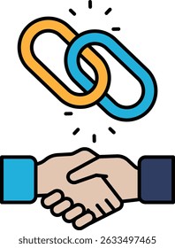 Un apretón de manos entre dos personas se muestra con un Enlace encadenado en el fondo. El Enlace de cadena simboliza la conexión entre las dos personas