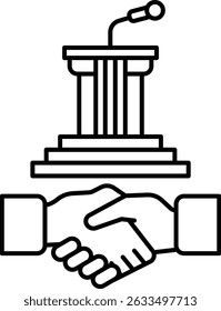 A handshake between two people is shown with a microphone and podium in the background. Concept of collaboration and communication, as the two people are shaking hands while the microphone
