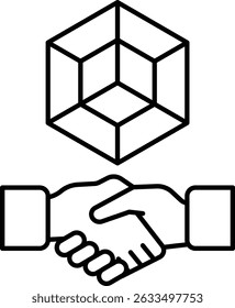 A handshake between two people is shown with a cube in the background. The cube is a symbol of a business deal or agreement. Concept of trust and collaboration between the two individuals