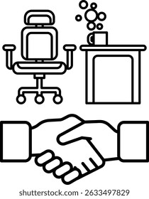 A handshake between two people is shown in a black and white drawing. Concept of a professional meeting or negotiation, with the two people shaking hands to signify agreement or partnership