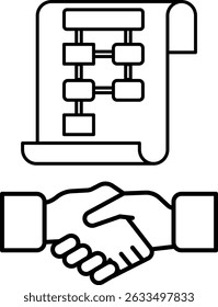 A handshake between two people is shown with a piece of paper in the background. The paper has a diagram on it, which could represent a business agreement or a plan