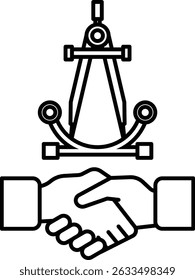 A handshake between two people is shown with a compass and a ruler in the background. Concept of collaboration and agreement between two parties