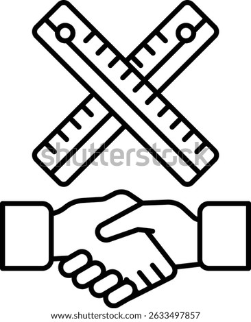 A handshake between two people is shown with a ruler in the background. The ruler is placed horizontally and vertically, with the horizontal ruler being longer than the vertical one