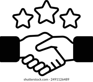 A handshake between two people with three stars in the background. The stars represent a positive outcome or achievement