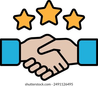 A handshake between two people with three stars in the background. The stars represent a positive outcome or achievement