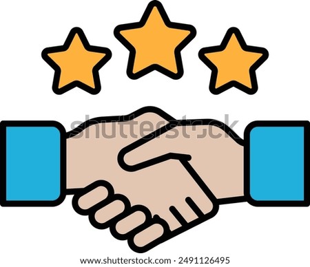 A handshake between two people with three stars in the background. The stars represent a positive outcome or achievement