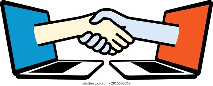 Handshake between two people through laptop screens representing digital collaboration, Eps 10.