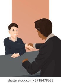 Handshake between two smiling men in an office. Vector illustration