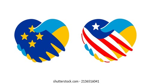 Handshake between Ukraine and European Union, USA. Economic relations and support symbol